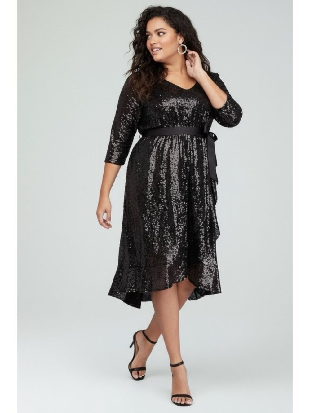 Lane Bryant Sequin Evening Dress Size 24 Black Cascading Ruffle Hi Low NWOT